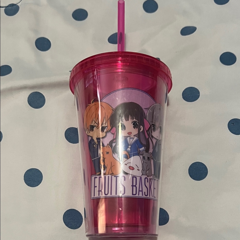Fruits Basket Pink Tumbler with Straw with Tohru, Kyo and Yuki. Never used-New!